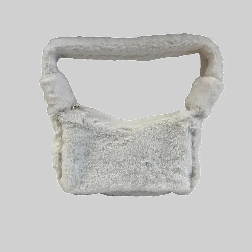 Furry Fluffy Soft Plush Shoulder Mini Hobo Handbag - NWT - Winter White